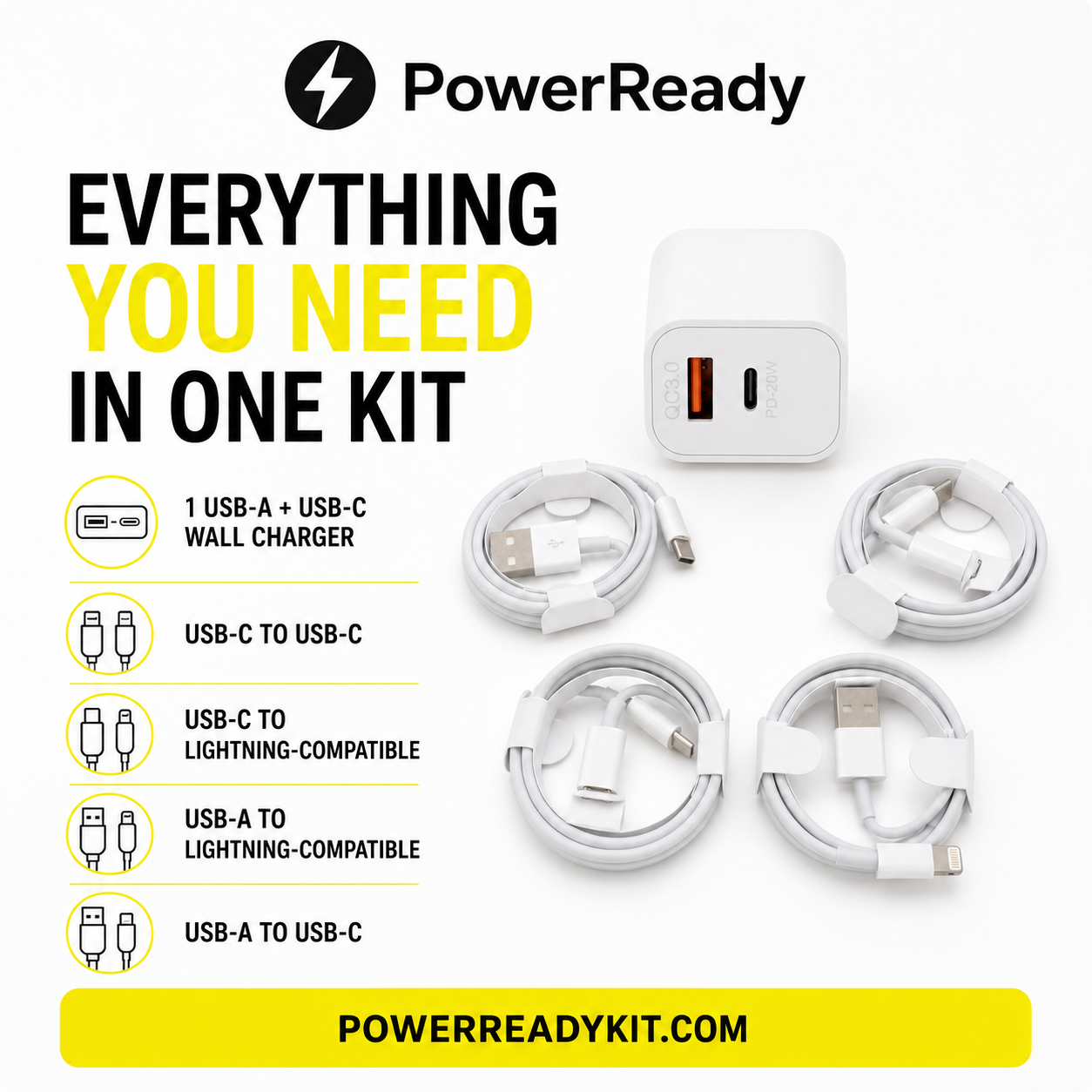 PowerReady Universal Charging Kit – 2-Port Wall Charger + 4 Cords