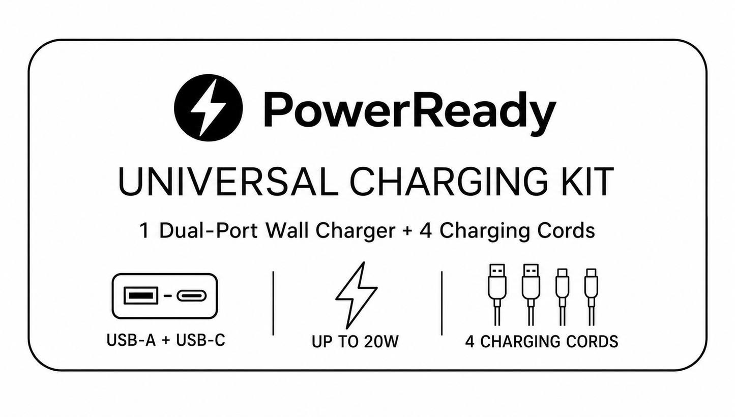 PowerReady Universal Charging Kit – 2-Port Wall Charger + 4 Cords