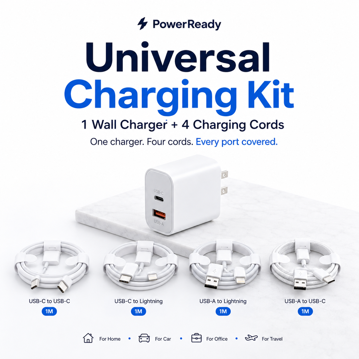 PowerReady Universal Charging Kit – 2-Port Wall Charger + 4 Cords