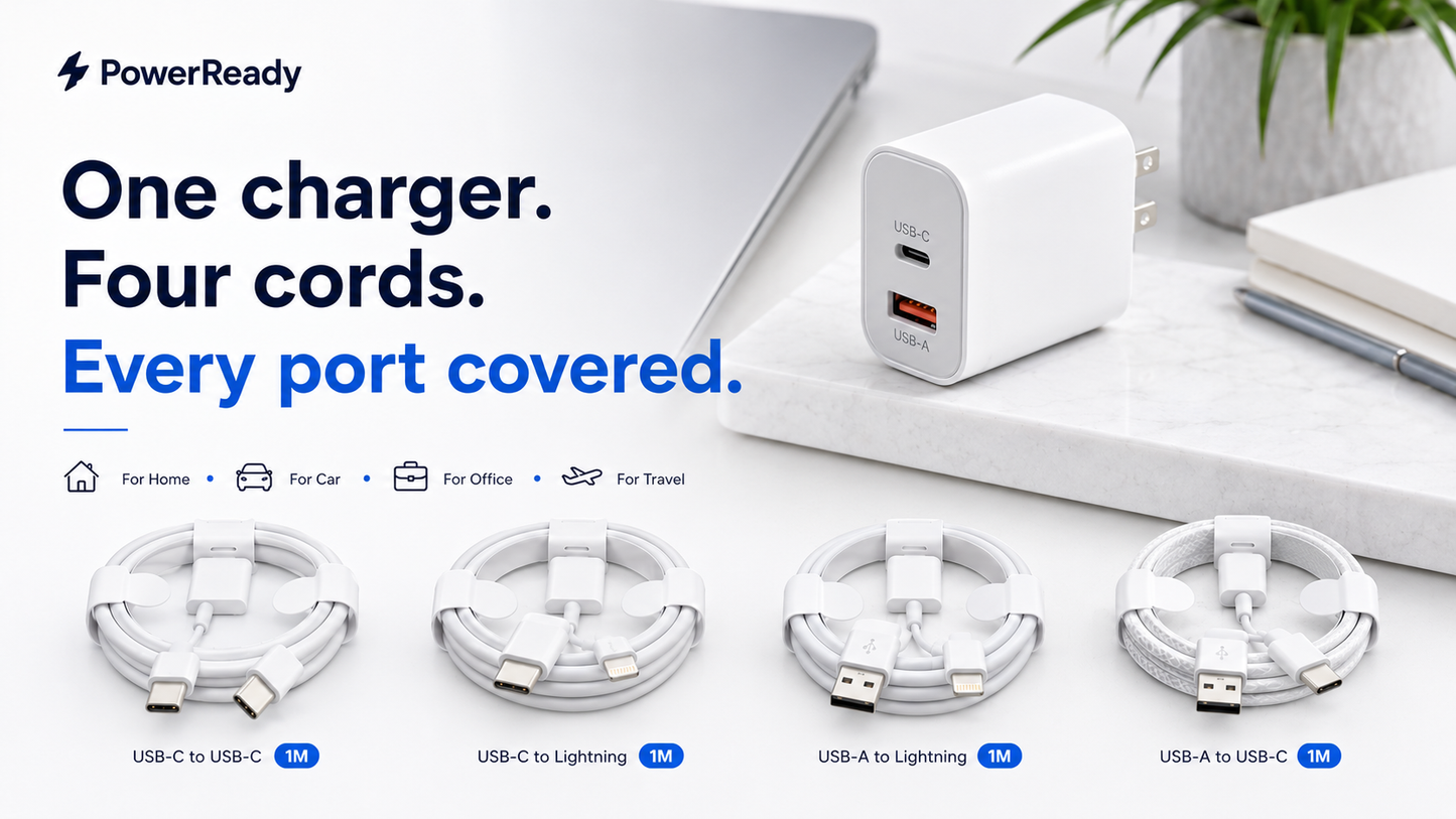 PowerReady Universal Charging Kit – 2-Port Wall Charger + 4 Cords