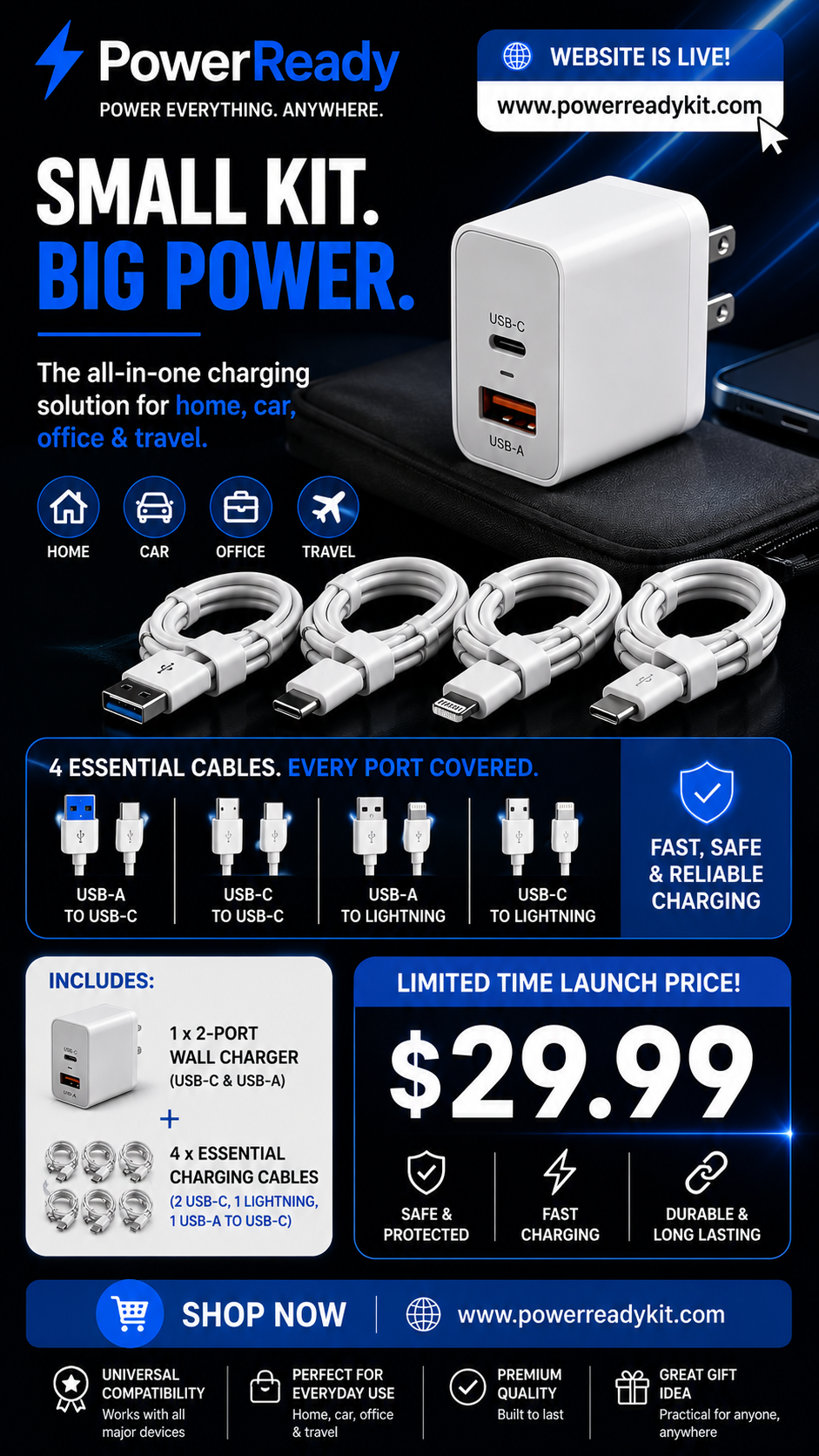 PowerReady Universal Charging Kit – 2-Port Wall Charger + 4 Cords
