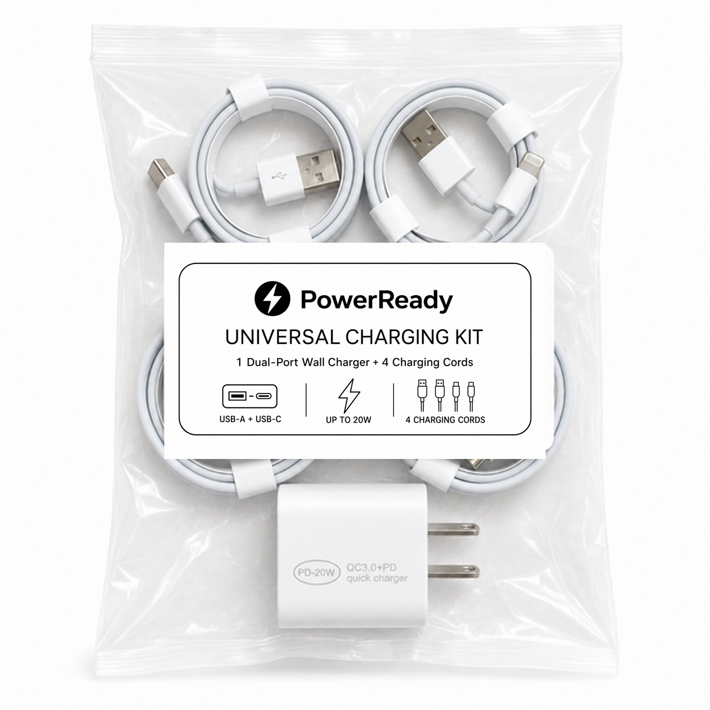 PowerReady Universal Charging Kit – 2-Port Wall Charger + 4 Cords
