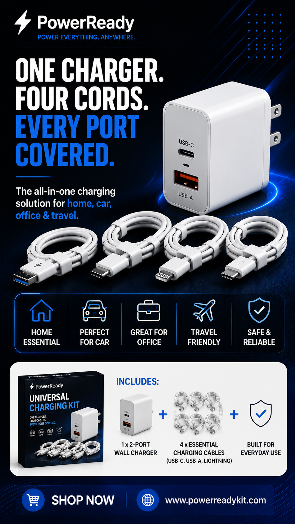 PowerReady Universal Charging Kit – 2-Port Wall Charger + 4 Cords