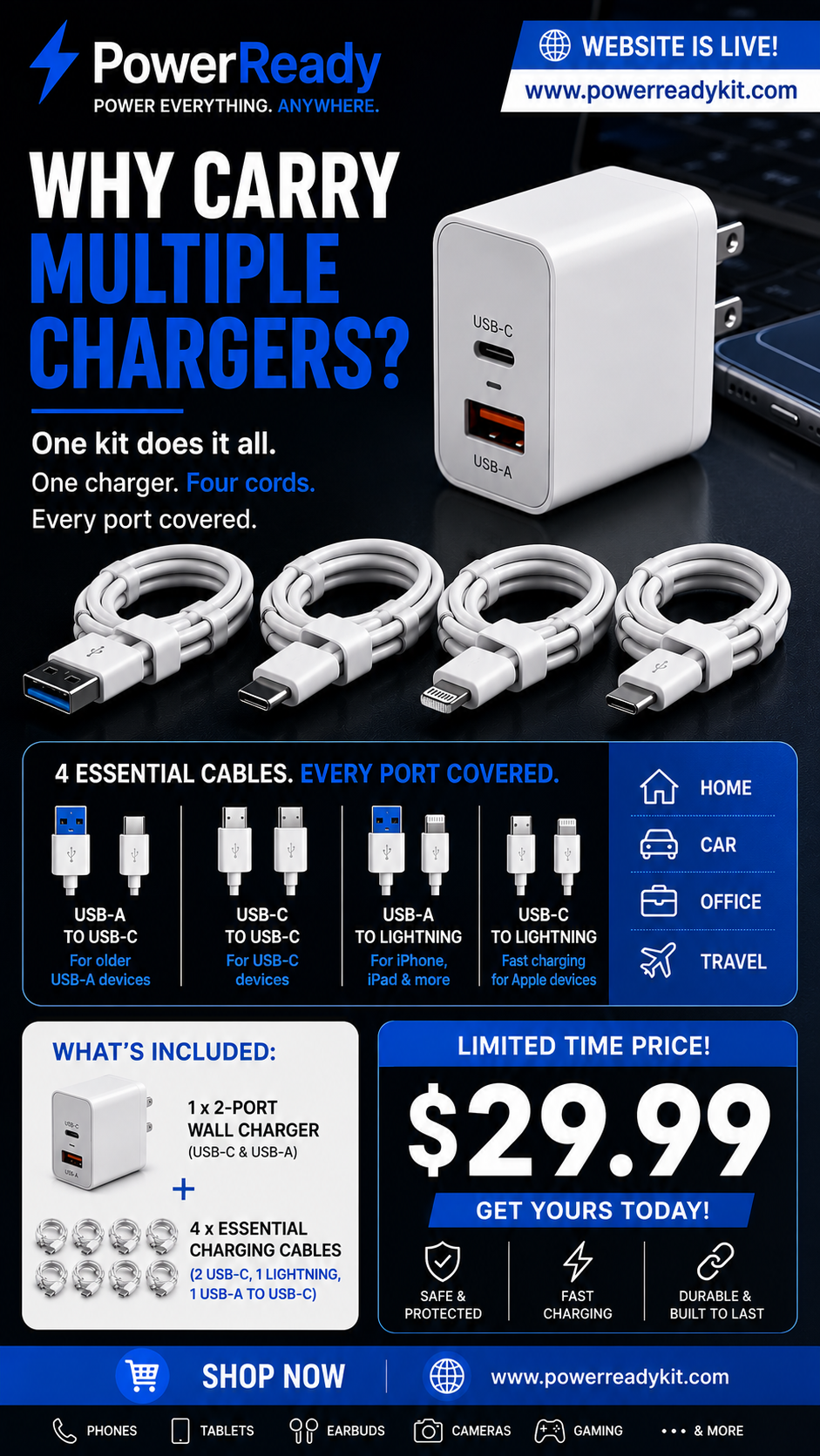 PowerReady Universal Charging Kit – 2-Port Wall Charger + 4 Cords