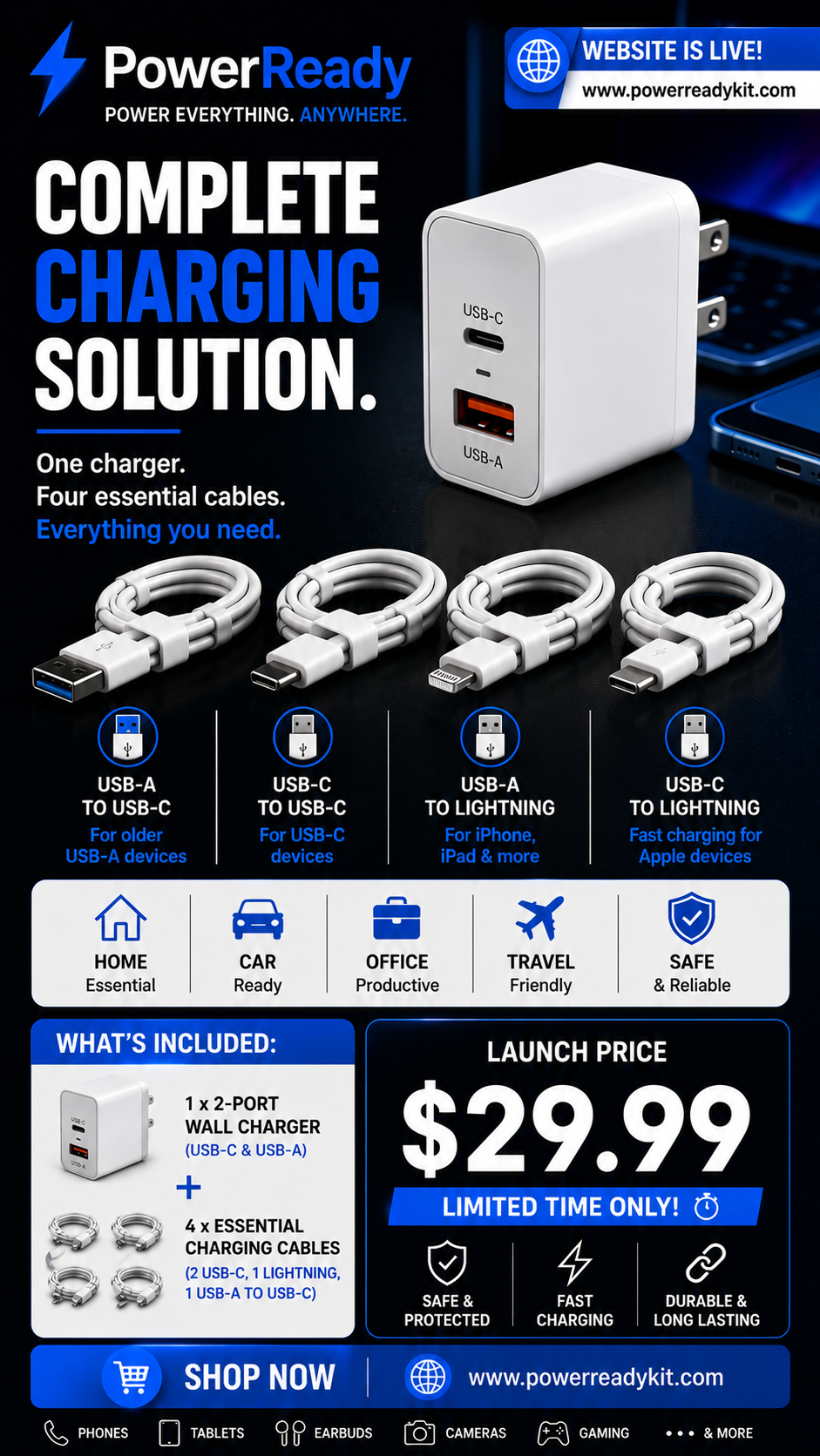 PowerReady Universal Charging Kit – 2-Port Wall Charger + 4 Cords