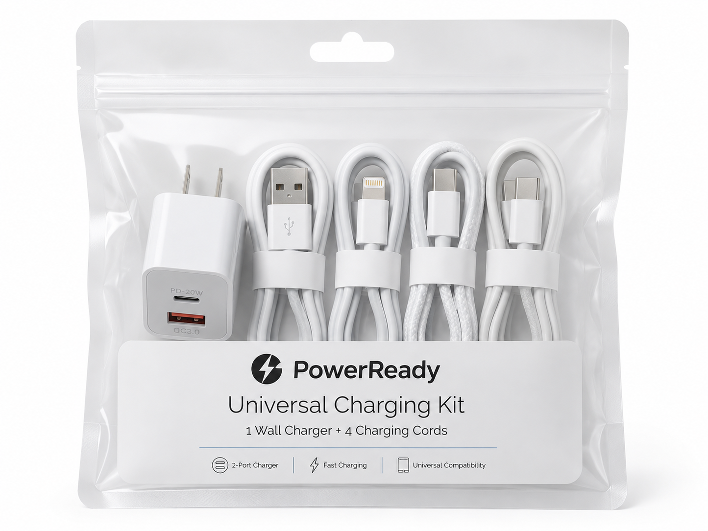 PowerReady Universal Charging Kit – 2-Port Wall Charger + 4 Cords