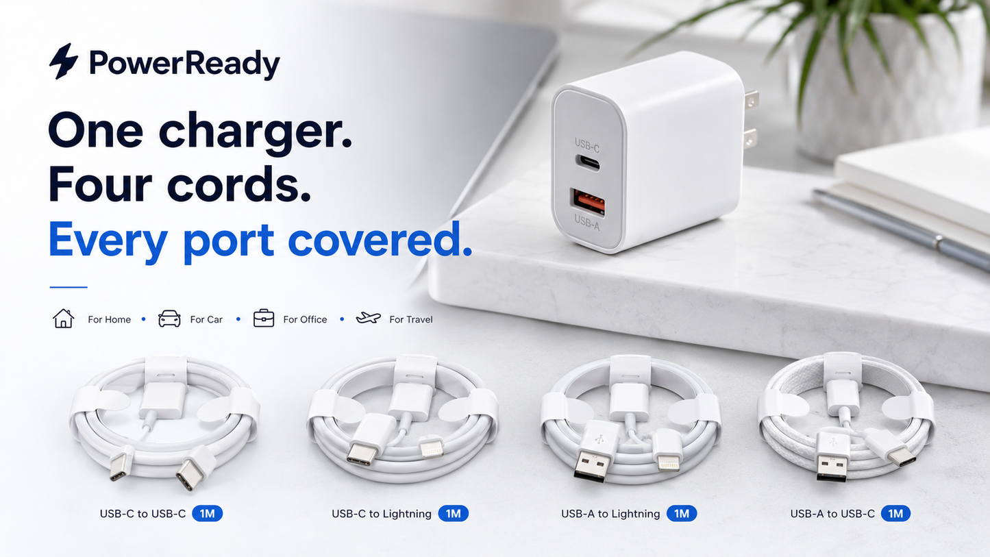 PowerReady Universal Charging Kit – 2-Port Wall Charger + 4 Cords