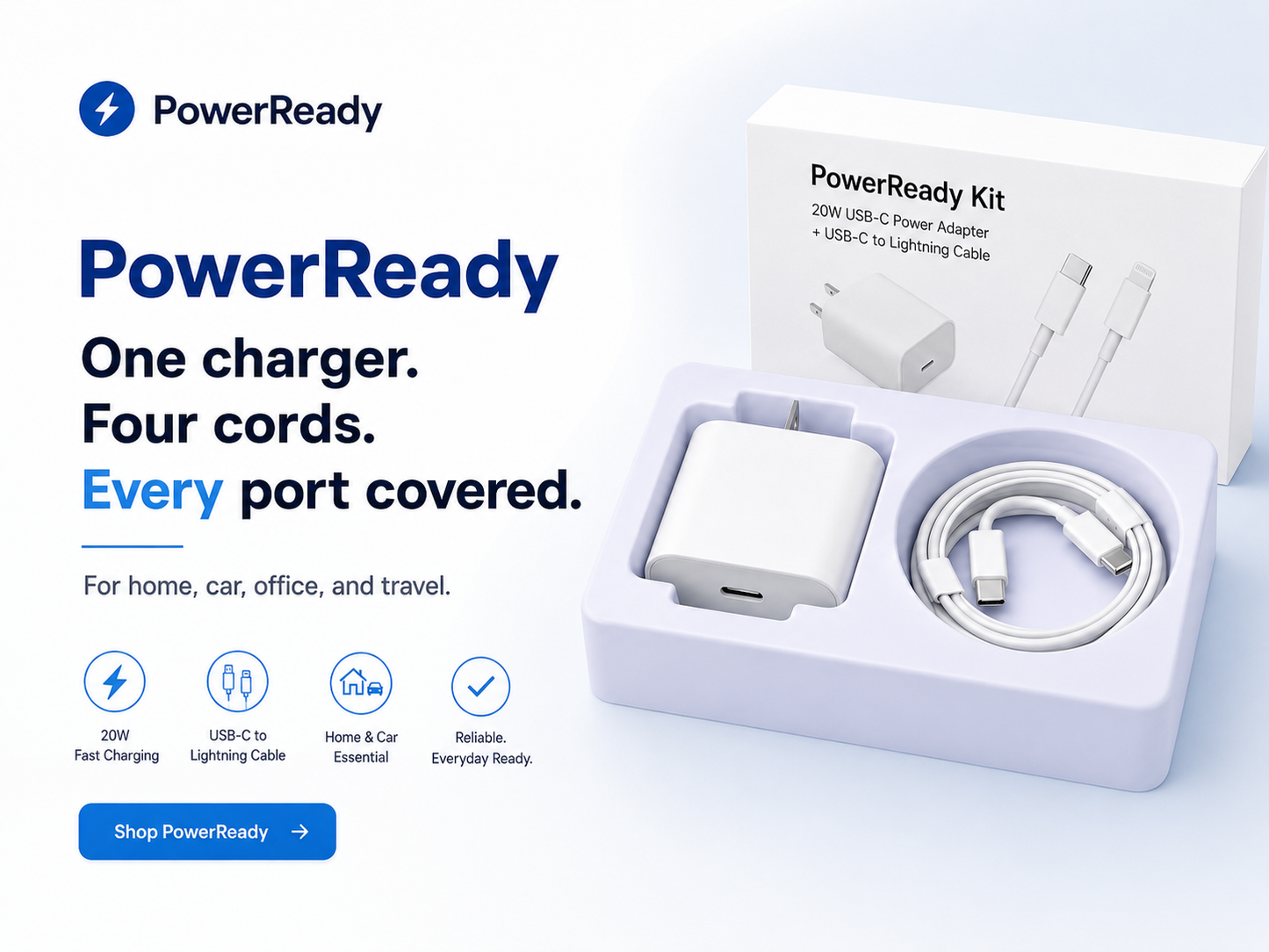 PowerReady Universal Charging Kit – 2-Port Wall Charger + 4 Cords