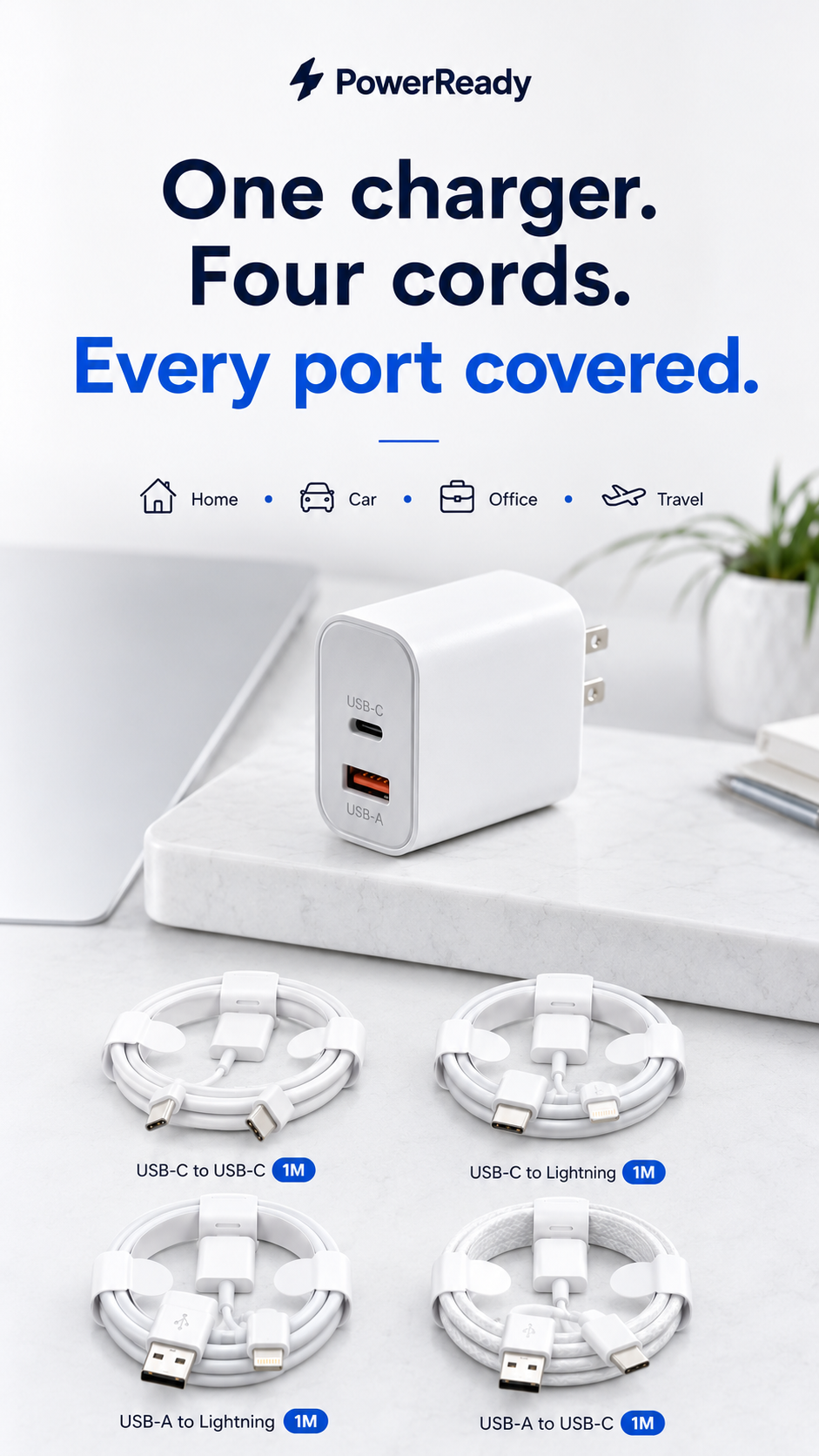 PowerReady Universal Charging Kit – 2-Port Wall Charger + 4 Cords