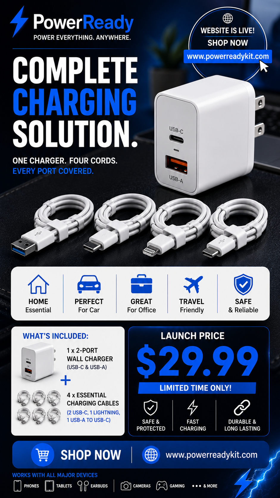 PowerReady Universal Charging Kit – 2-Port Wall Charger + 4 Cords