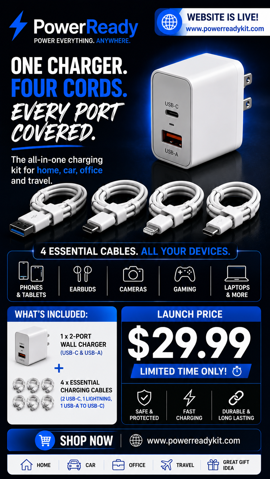 PowerReady Universal Charging Kit – 2-Port Wall Charger + 4 Cords