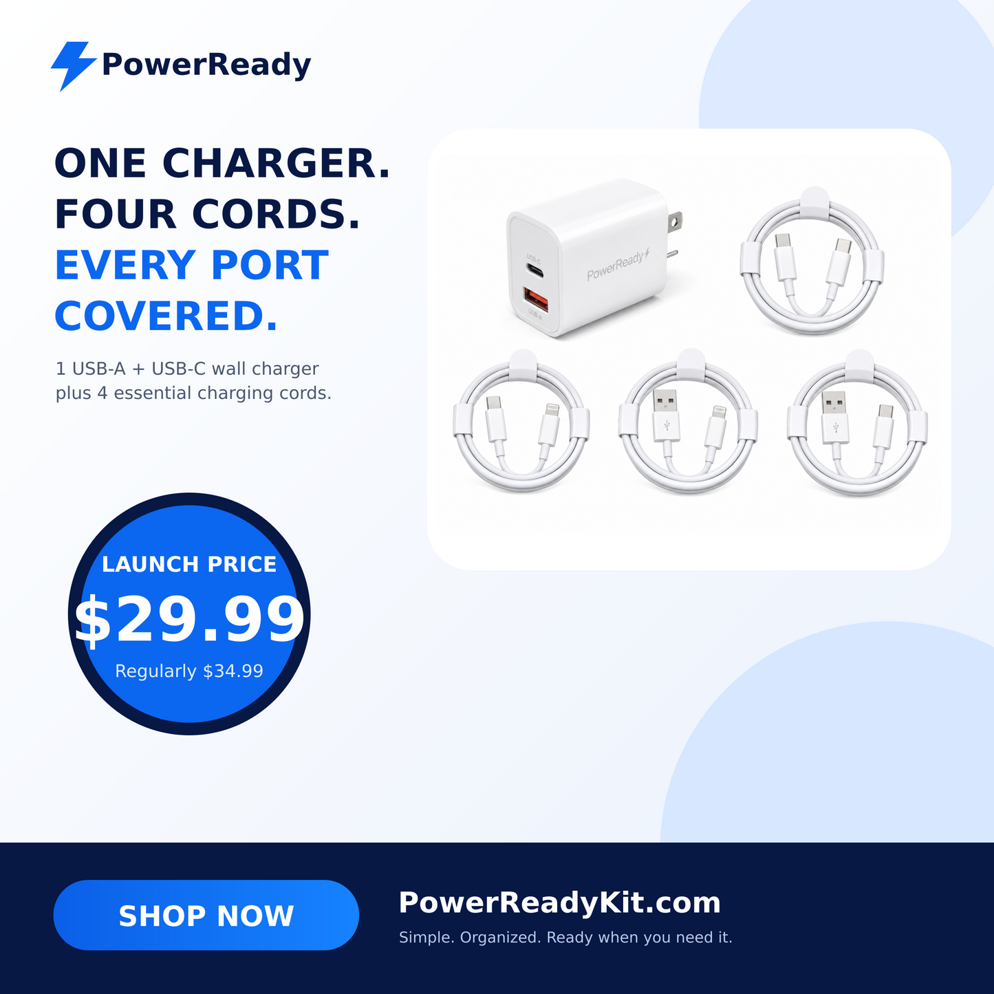 PowerReady Universal Charging Kit – 2-Port Wall Charger + 4 Cords