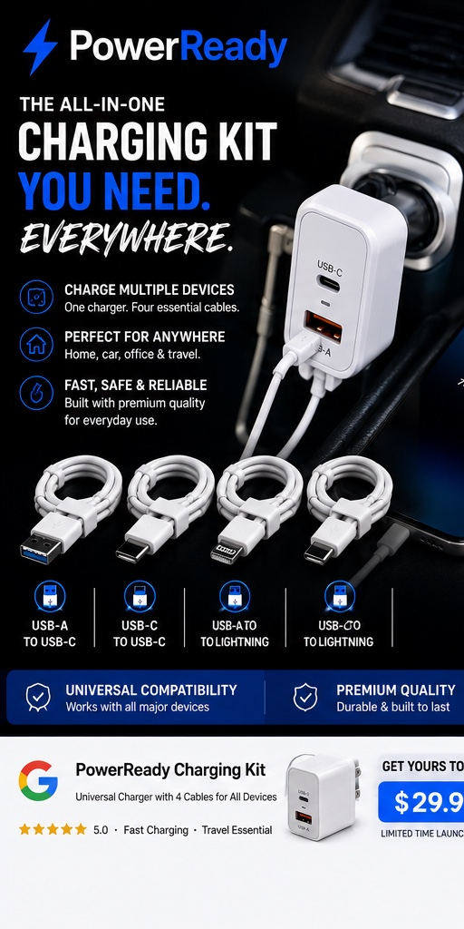 PowerReady Universal Charging Kit – 2-Port Wall Charger + 4 Cords